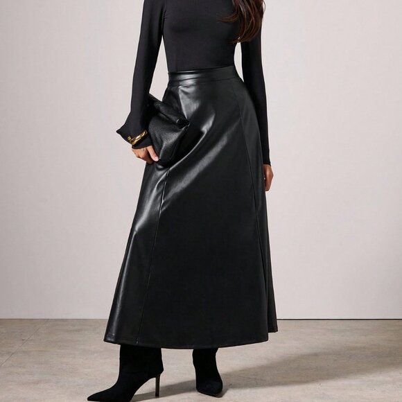 Black Elegant Women's Faux Leather Asymmetrical maxi Skirt - Picture 1 of 7